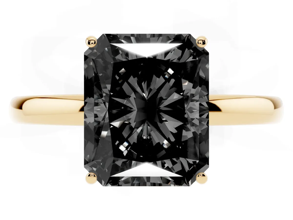 Fancy Black Radiant Cut Solitaire Diamond Ring with Prong Setting and Plain Band Yellow gold