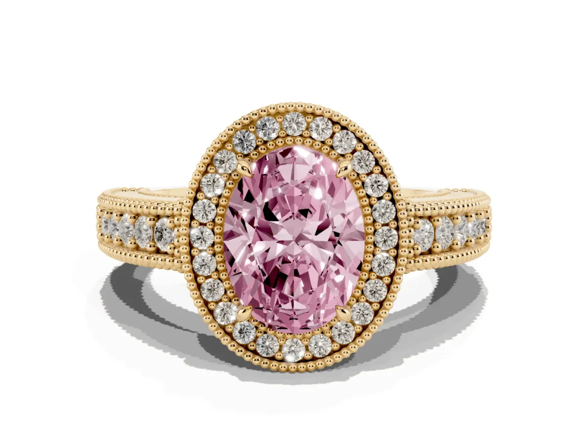 Fancy Pink Oval Cut Cut Halo Diamond Ring with Pavé Band and Four-Prong Setting Yellow gold