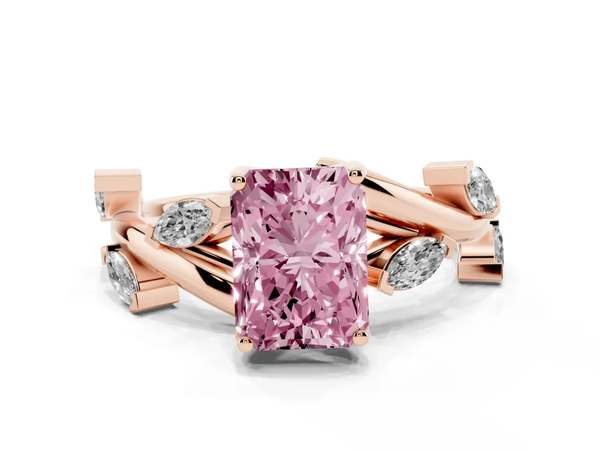Fancy Pink Radiant Cut Solitaire Twisted Band Marquise Accent Prong Setting Ring Rose gold