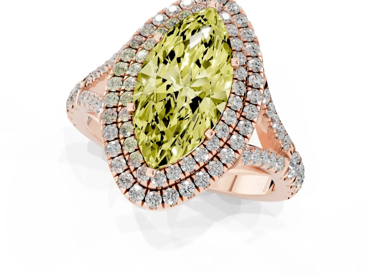 Fancy Yellow Marquise Cut Diamond Pavé Split Shank Double Halo Engagement Ring Rose gold