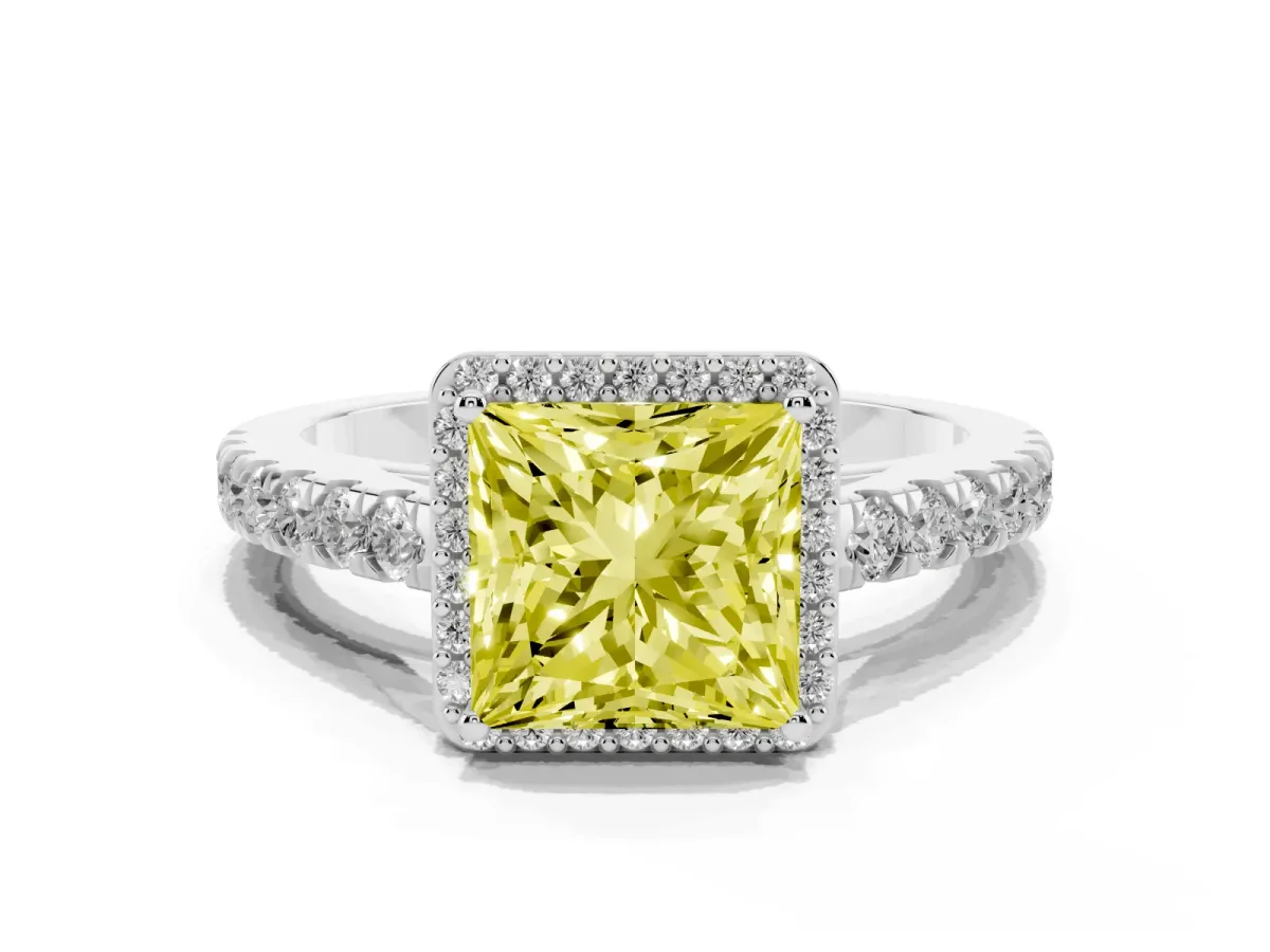 Fancy Yellow Princess Cut Cut Halo Diamond Engagement Ring with Pave Band and Four-Prong Setting Platinum