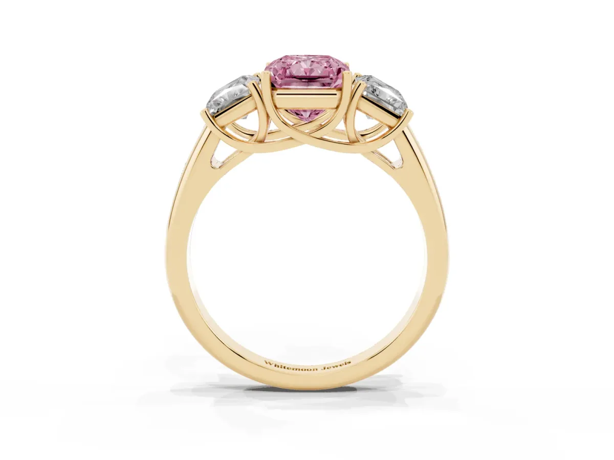 Fancy Pink Three-Stone Radiant Cut Diamond Engagement Ring with Prong Setting Yellow gold