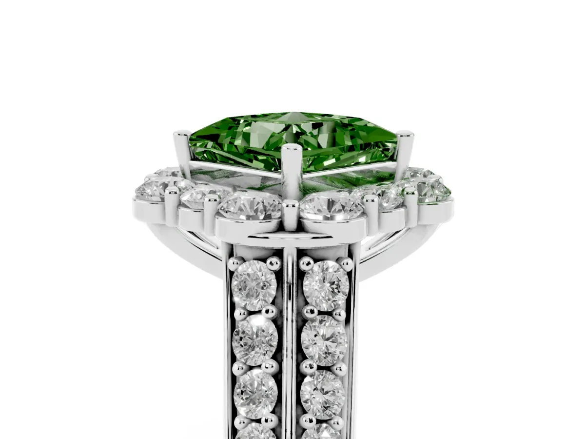 Fancy Green Princess Cut Halo Diamond Engagement Ring with Split Shank and Prong Setting Silver