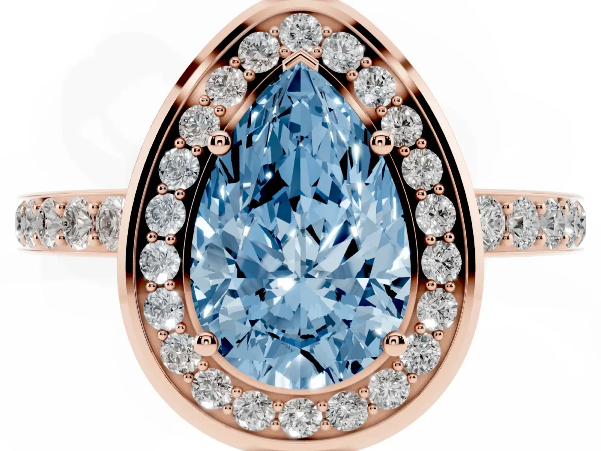 Fancy Blue Pear Cut Diamond Halo Ring with Bezel Frame and Pavé Band Rose gold