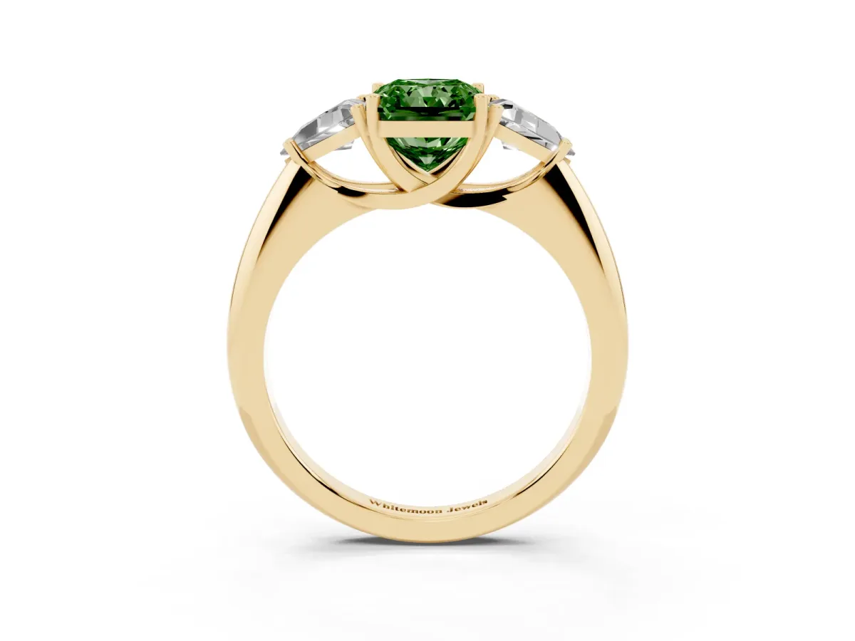 Fancy Green Three-Stone Radiant Cut Diamond Engagement Ring with Trillion Side Stones and Prong Setting Yellow gold