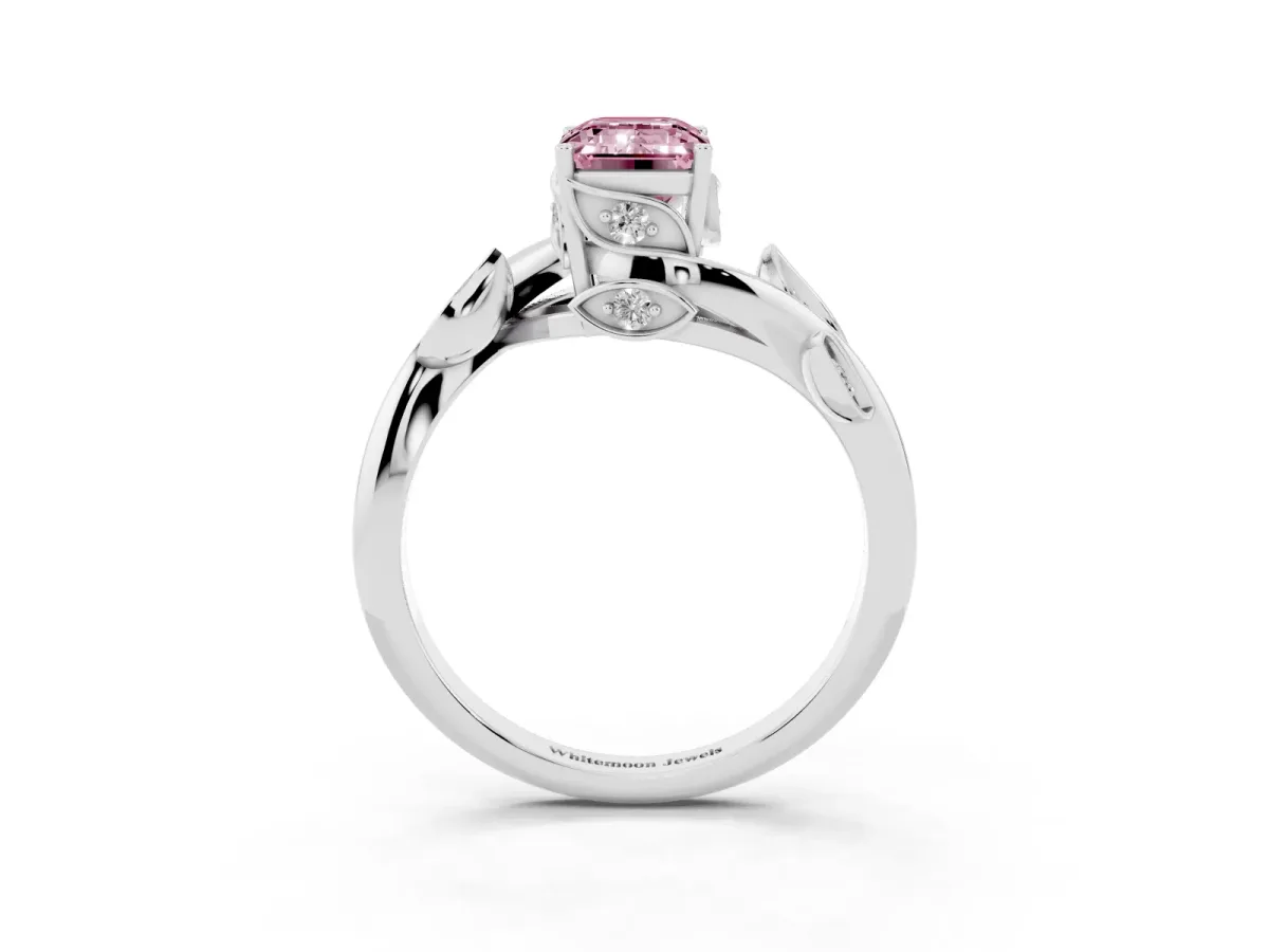 Fancy Pink Emerald Cut Solitaire Twist Engagement Ring with Leaf Accents and Prong Setting Silver