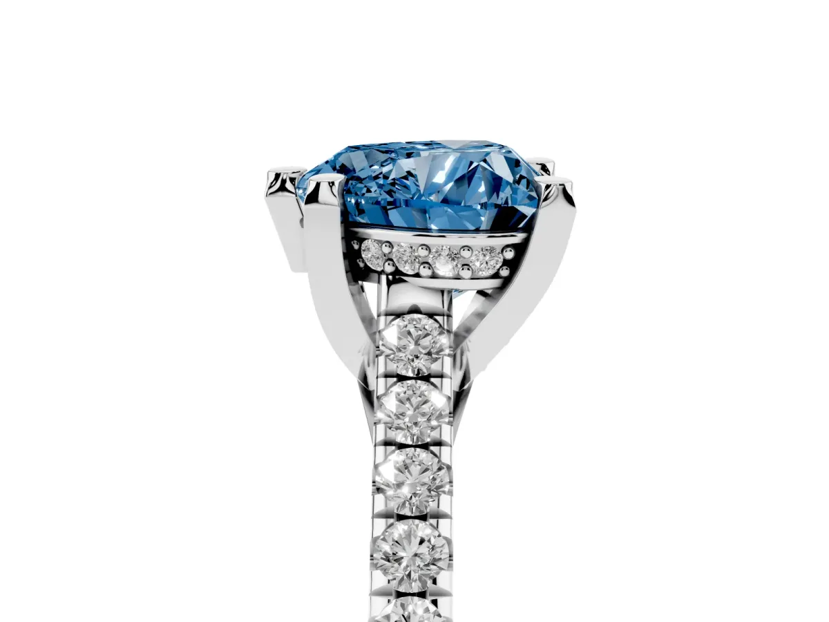 Fancy Blue Heart Cut Brilliant Diamond Solitaire with Pavé Band and Four-Prong Setting Silver