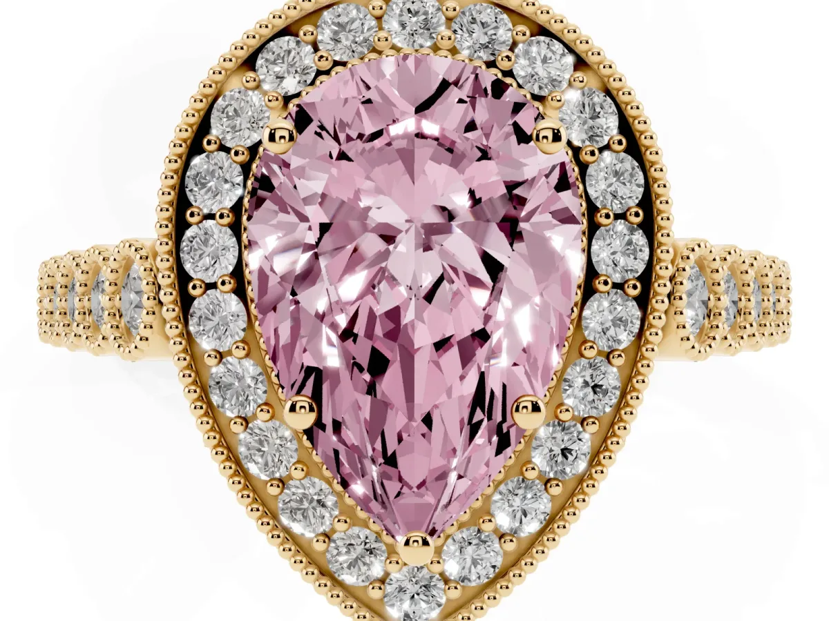 Fancy Pink Pear Cut Halo Milgrain Solitaire with Bezel Set Side Stones and Pave Band Yellow gold