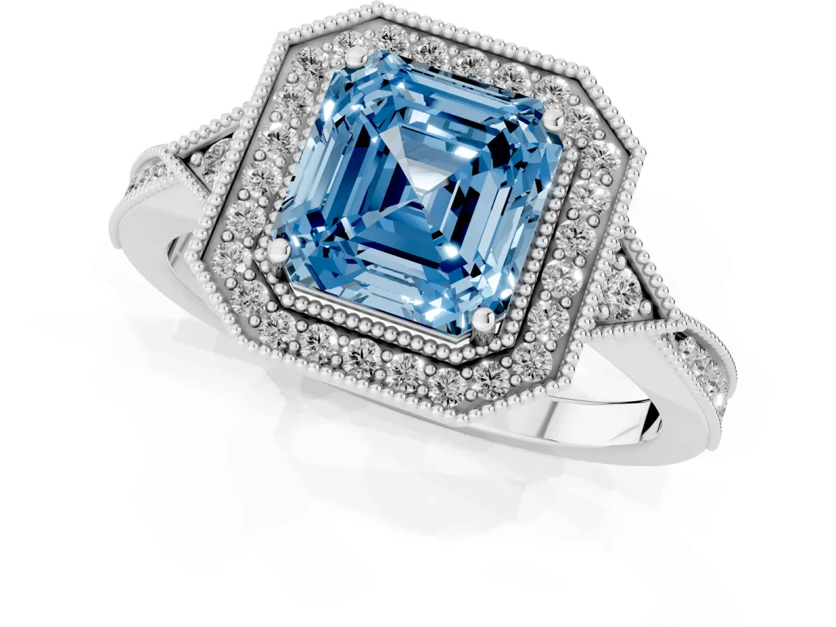 Fancy Blue Asscher Cut Halo Round Diamond Milgrain Pave Engagement Ring Silver