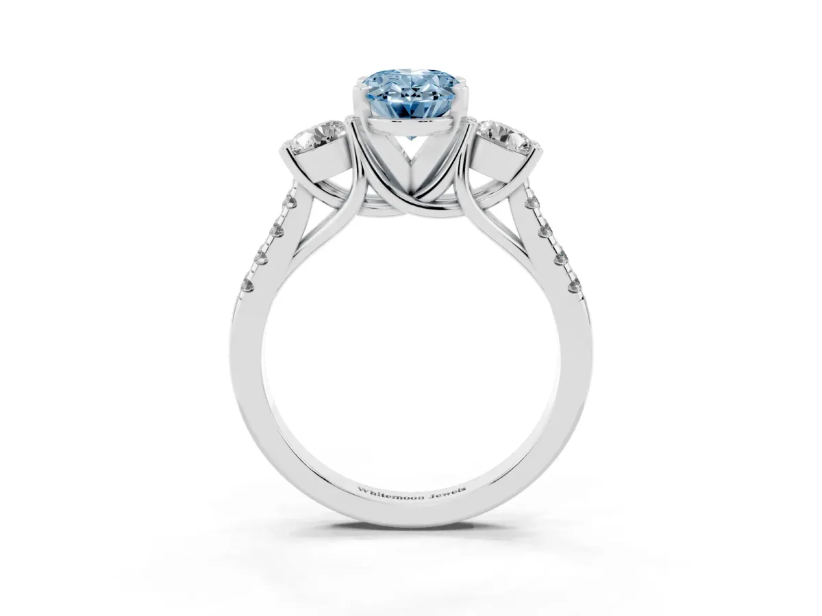 Fancy Blue Three-Stone Oval Cut Diamond Pavé Band with Four-Prong Setting White gold