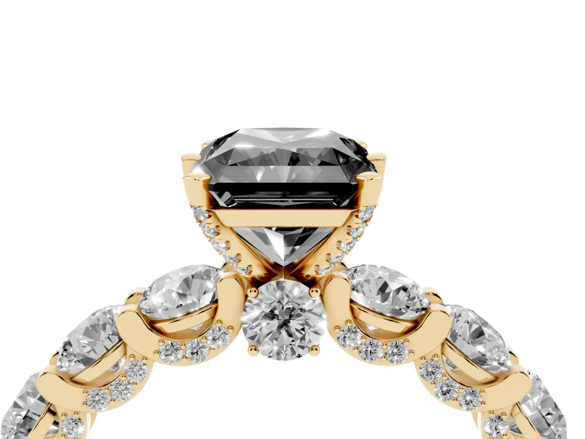 Fancy Black Radiant Cut Diamond Side Stone Engagement Ring with Four-Prong Setting Yellow gold