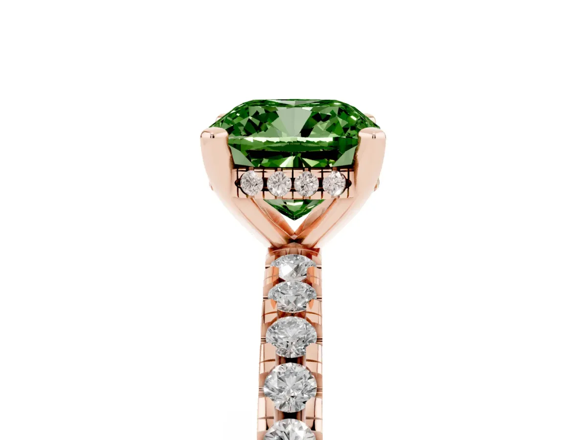 Fancy Green Cushion Cut Diamond Solitaire Ring with Round Pavé Band and Four-Prong Setting Rose gold