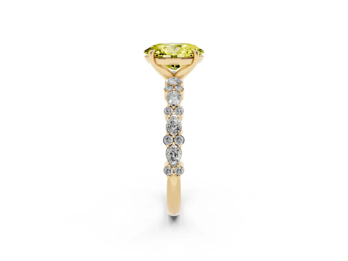 Fancy Yellow Oval Cut Diamond Side Stone Solitaire Ring with Round and Four-Prong Setting Yellow gold