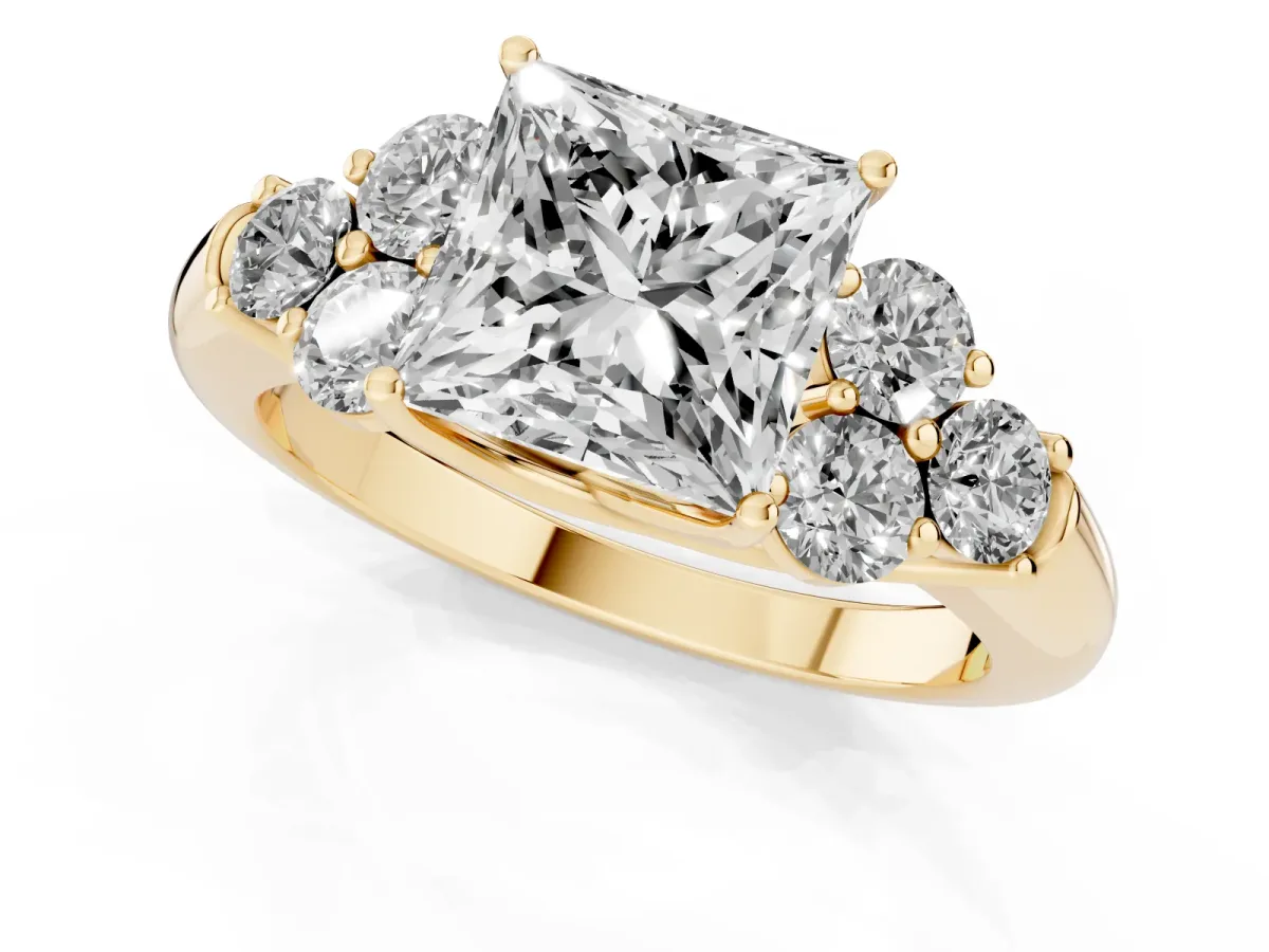 Princess Cut Cut Diamond Cluster Ring with Round Accent Stones and Prong Setting on a Classic Band Yellow gold