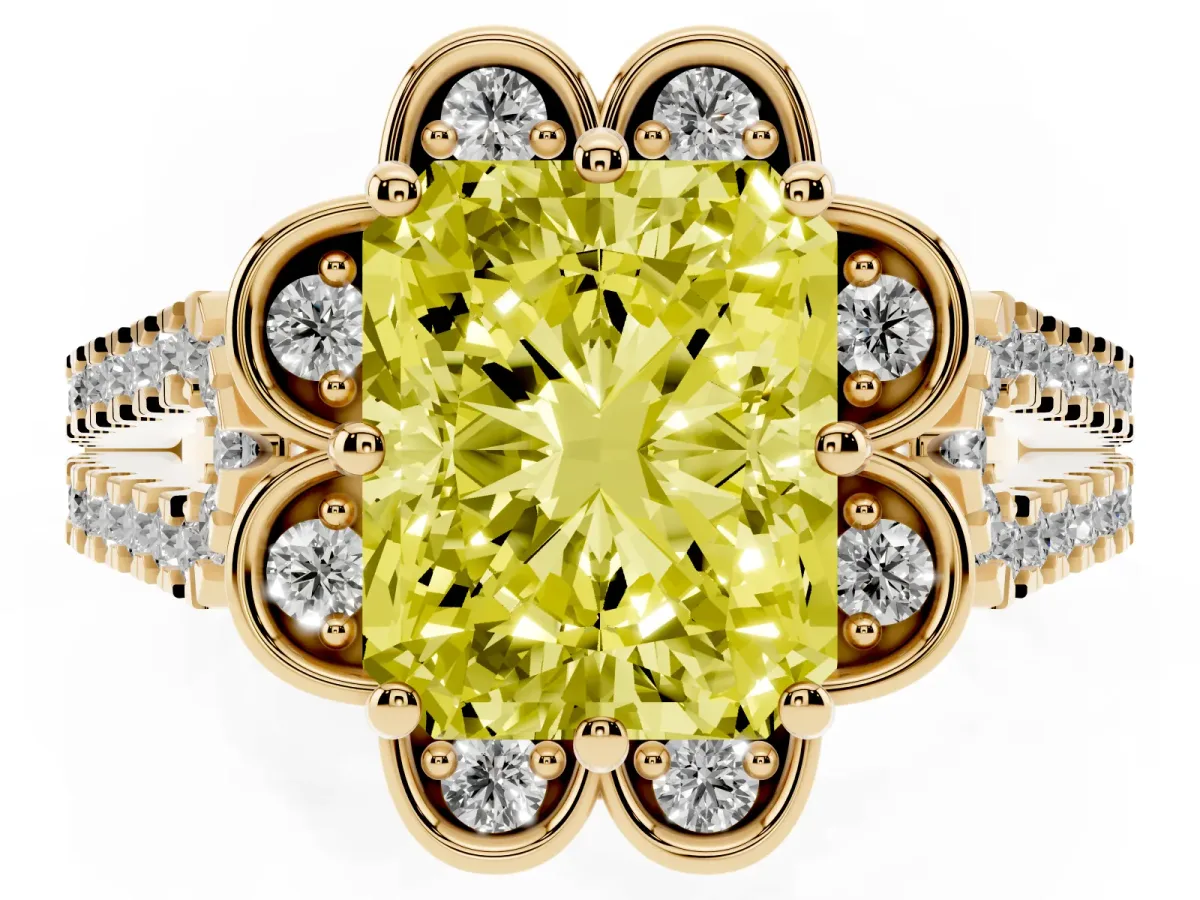 Fancy Yellow Radiant Cut Halo Diamond Floral Split Shank Engagement Ring Yellow gold