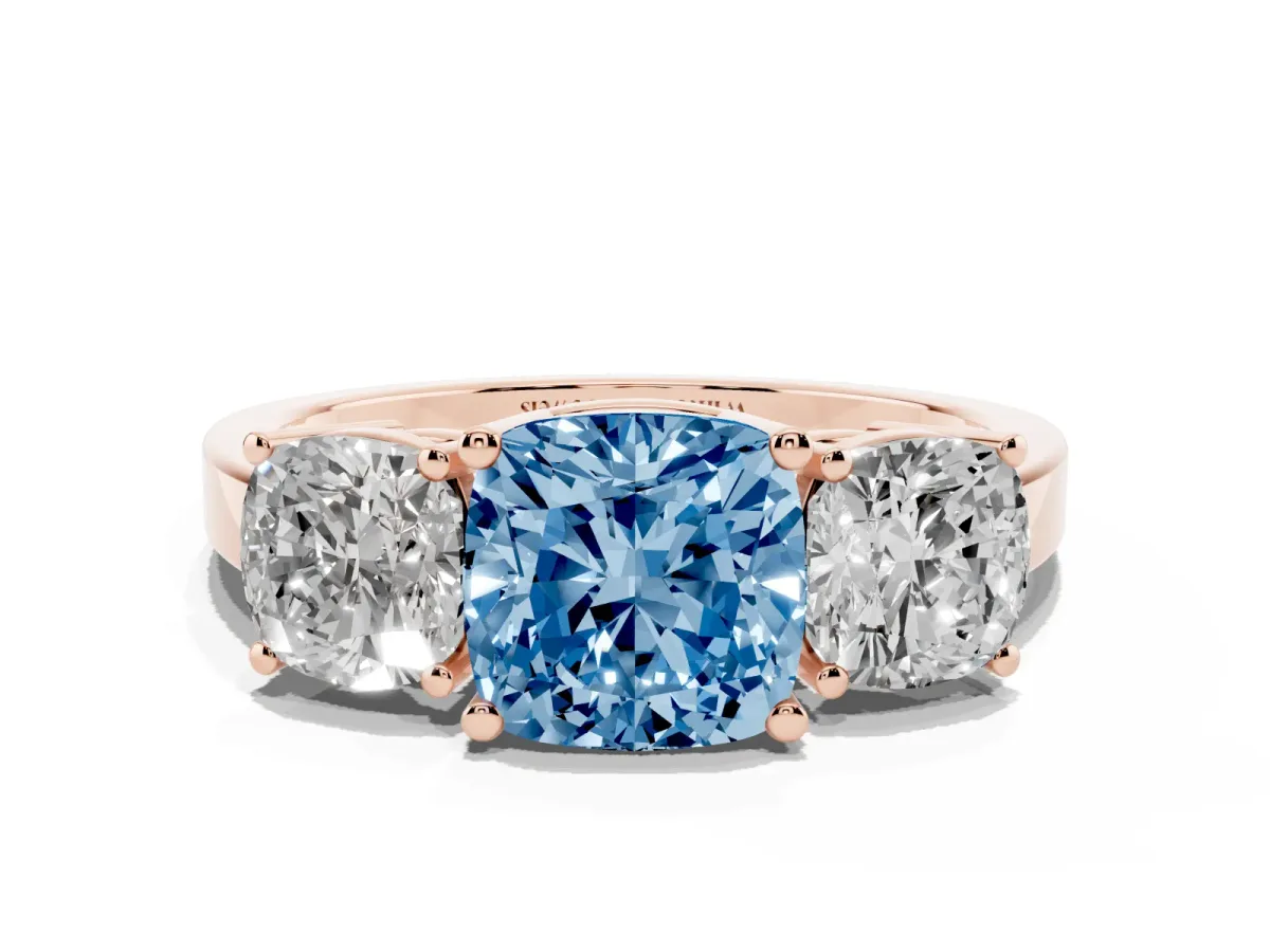 Fancy Blue Three-Stone Cushion Cut Cut Diamond Engagement Ring with Flat Band and Four-Prong Setting Rose gold