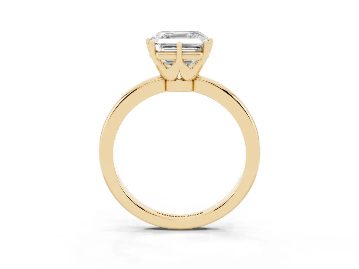 Asscher Cut Solitaire Diamond Ring with Six-Prong Setting on a Classic Band Yellow gold