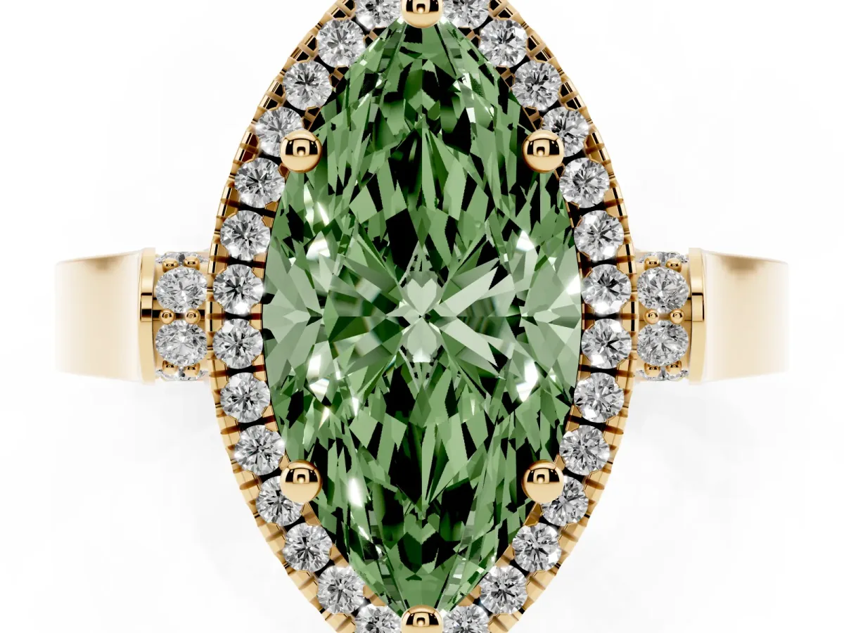 Fancy Green Marquise Cut Halo Round Diamond Twist Band with Four-Prong Setting Yellow gold