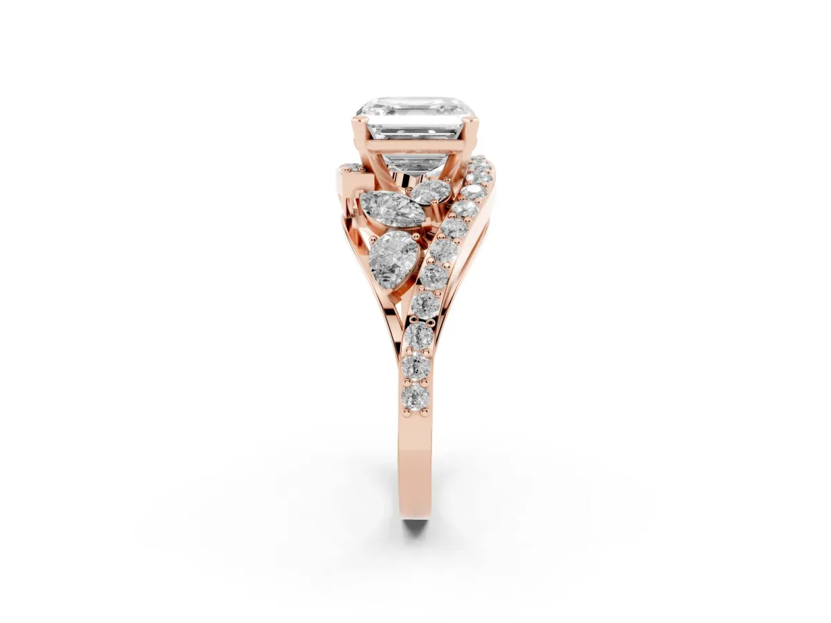 Asscher Cut Diamond Halo Ring with Marquise and Pavé Band in Prong Setting Rose gold