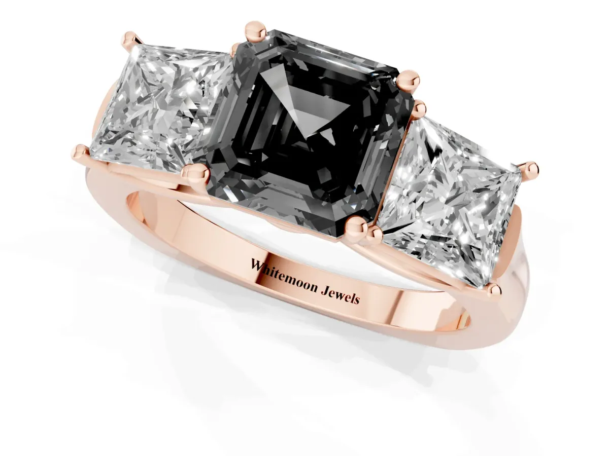 Fancy Black Three-Stone Asscher Cut Brilliant Diamond Trellis Ring with Comfort Fit Band Rose gold