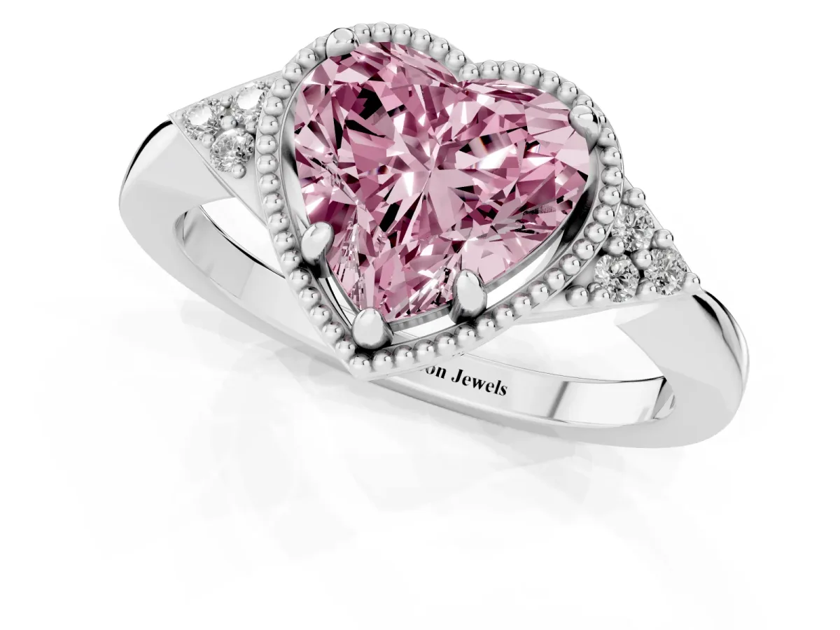 Fancy Pink Hexagonal Halo Heart Cut Diamond Solitaire with Pavé Band and Four-Prong Setting Silver