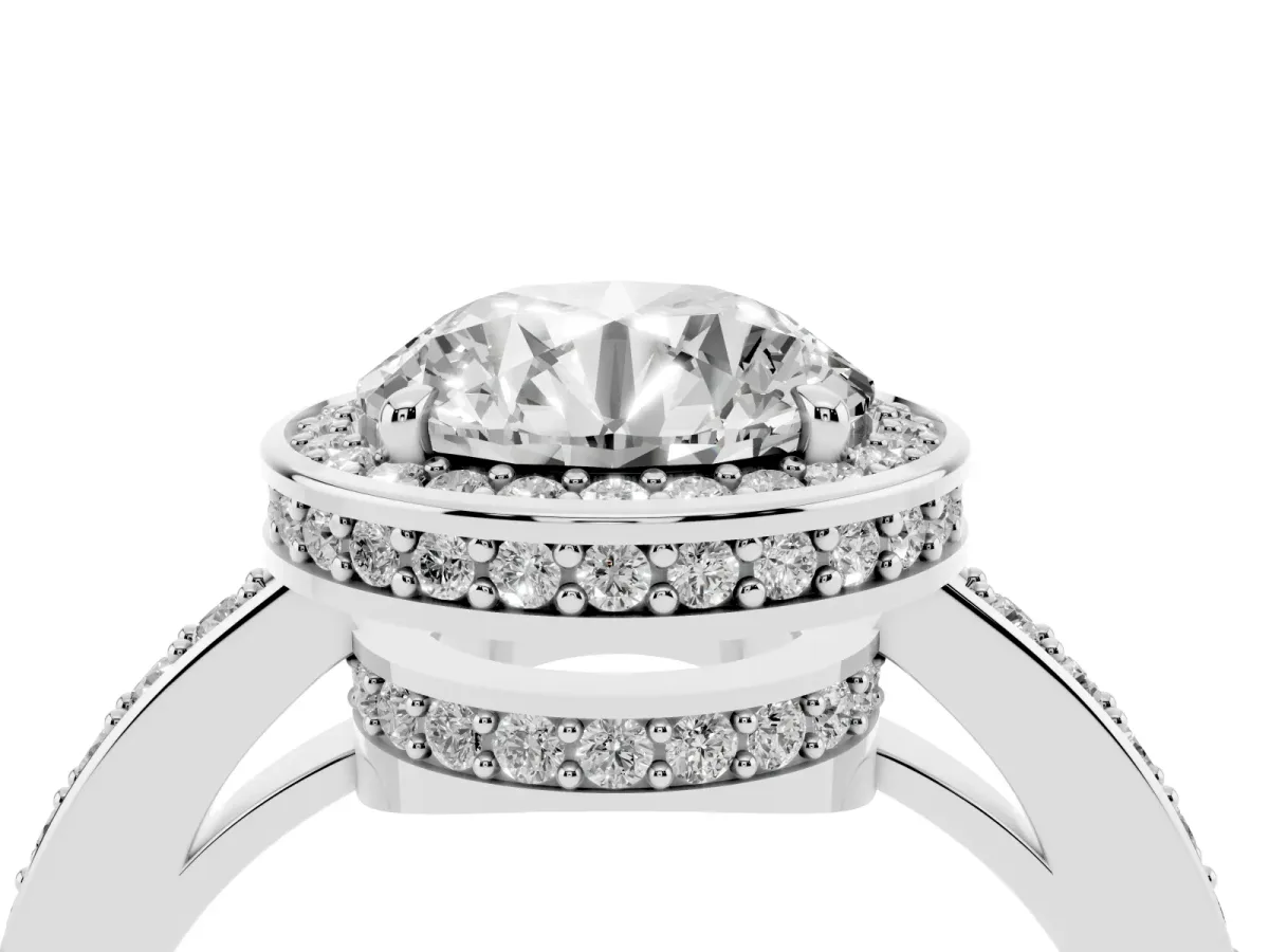 Round Cut Halo Pave Band Solitaire Ring with Prong Setting Silver