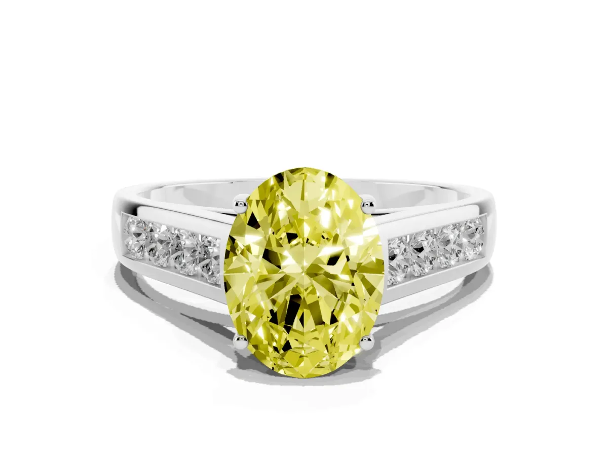 Fancy Yellow Oval Cut Brilliant Channel-Set Solitaire Ring with Four-Prong Setting Silver