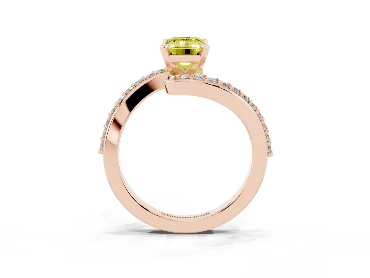 Fancy Yellow Emerald Cut Solitaire Twist Band with Pave Set Diamonds and Four-Prong Setting Rose gold