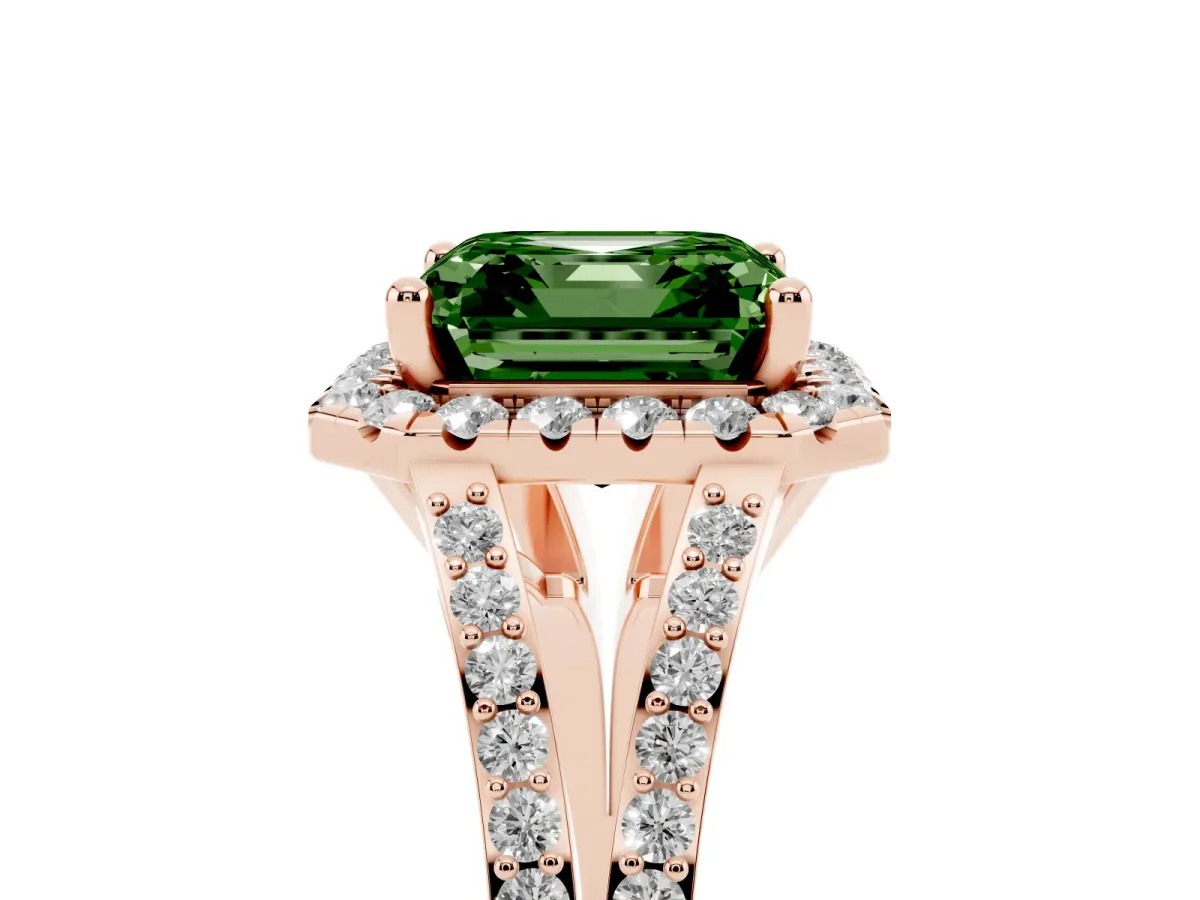 Fancy Green Asscher Cut Halo Split Shank Diamond Ring with Prong Setting Rose gold