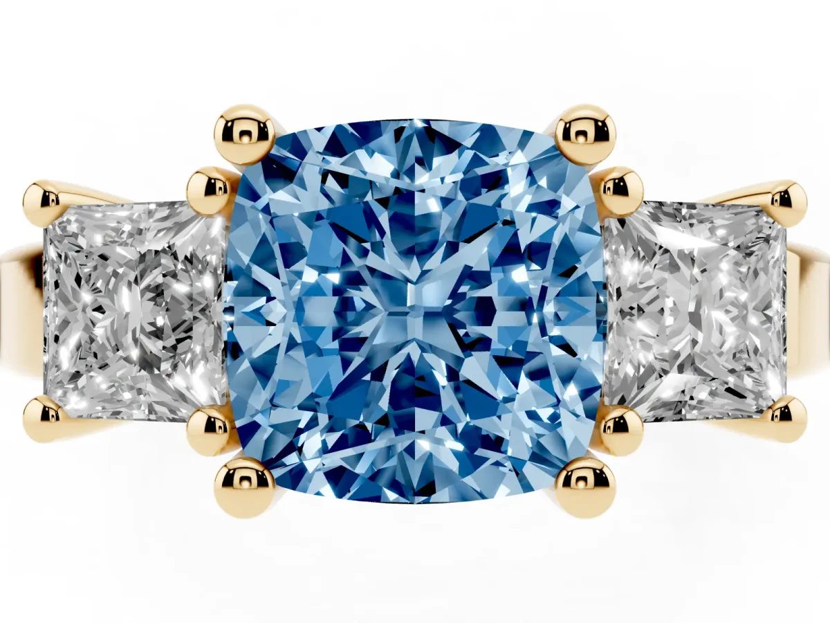 Fancy Blue Three-Stone Cushion Cut Cut Solitaire Ring with Prong Setting Yellow gold
