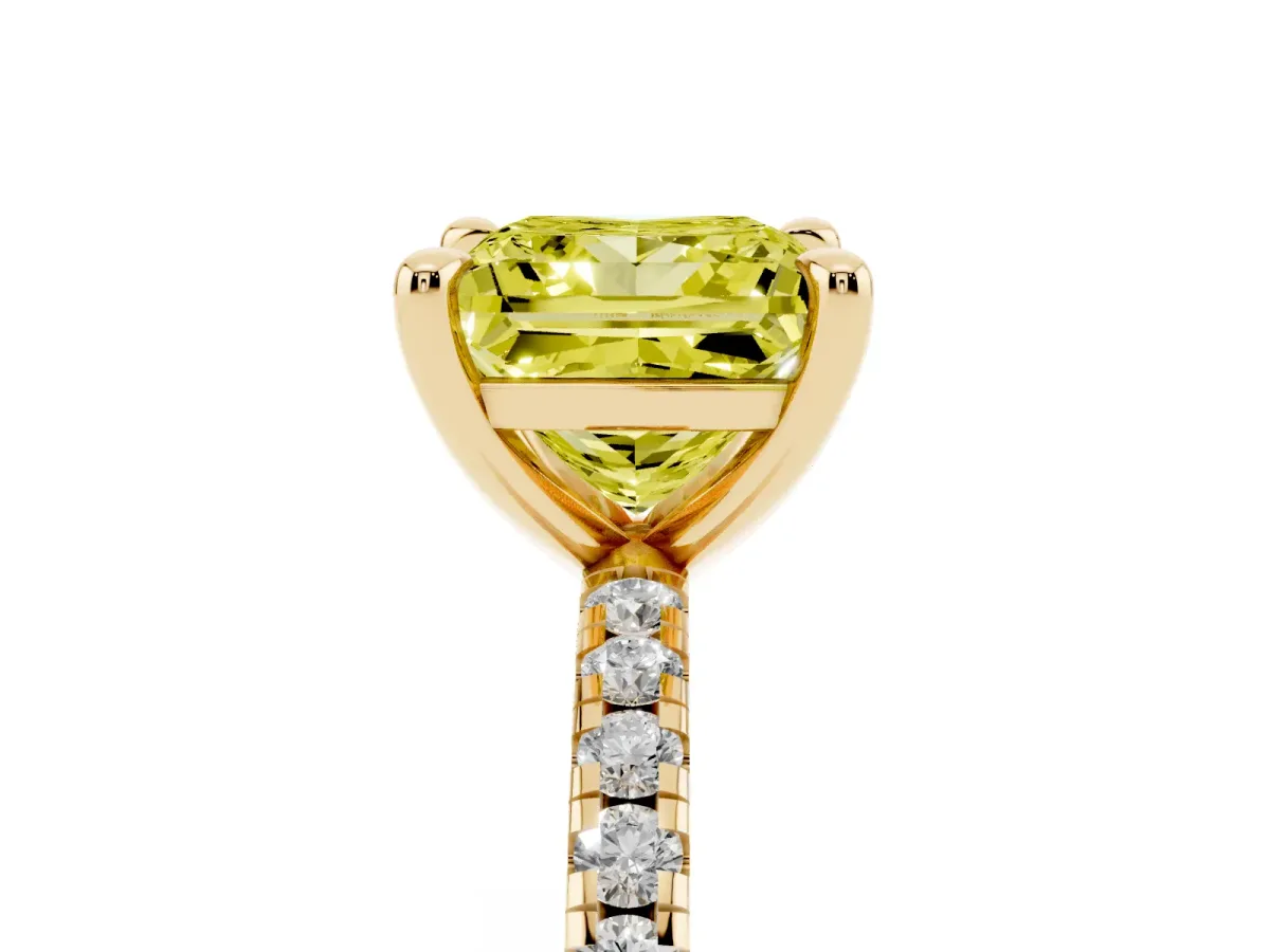 Fancy Yellow Princess Cut Diamond Brilliant Solitaire Ring with Pavé Band and Four-Prong Setting Yellow gold