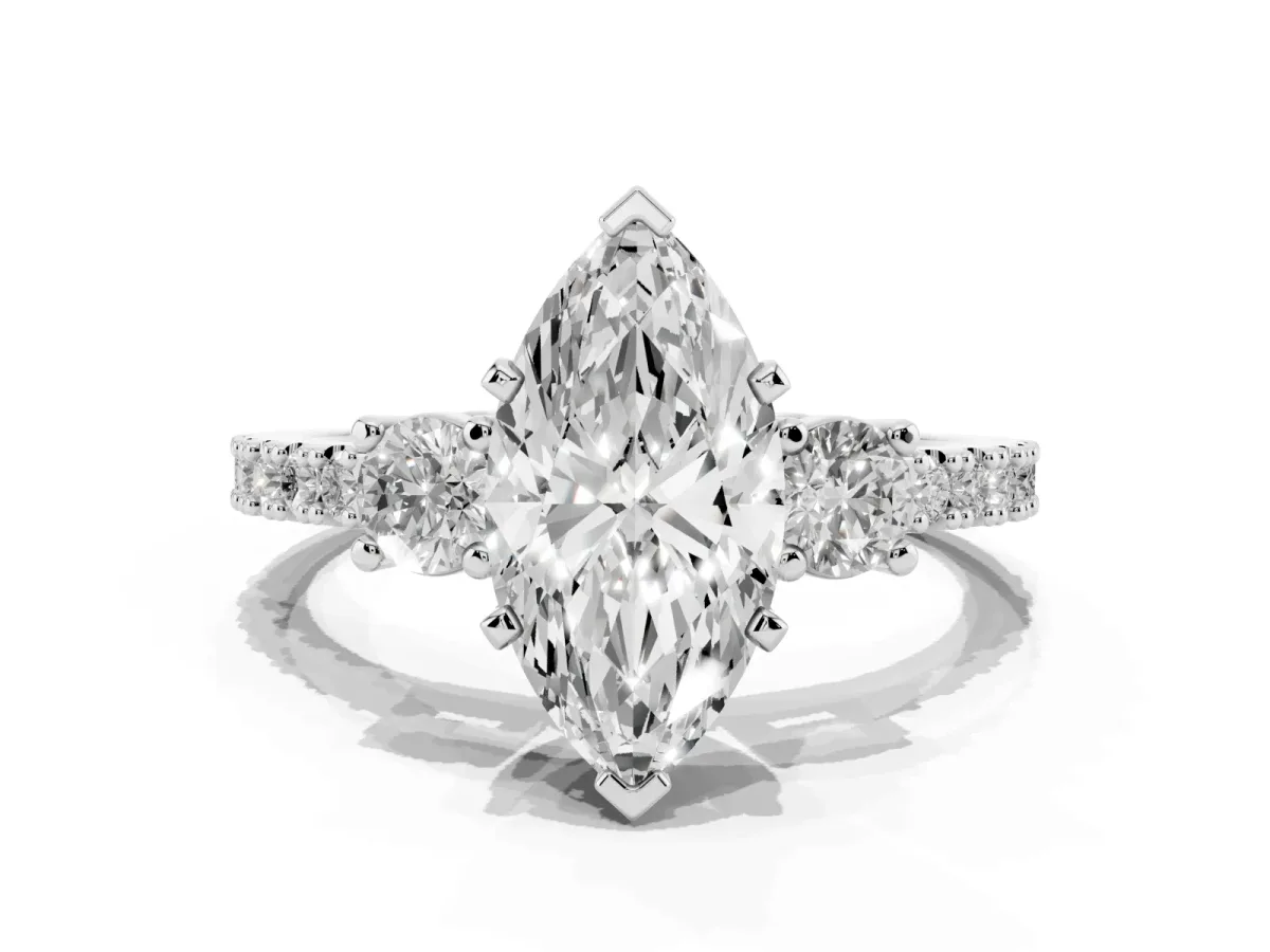 Marquise Cut Three-Stone Diamond Pavé Band with Prong Setting Silver