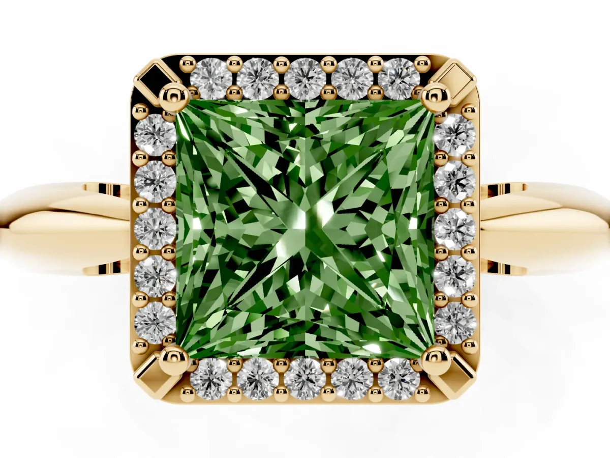 Fancy Green Princess Cut Cut Diamond Halo Engagement Ring with Split Shank and Four-Prong Setting Yellow gold
