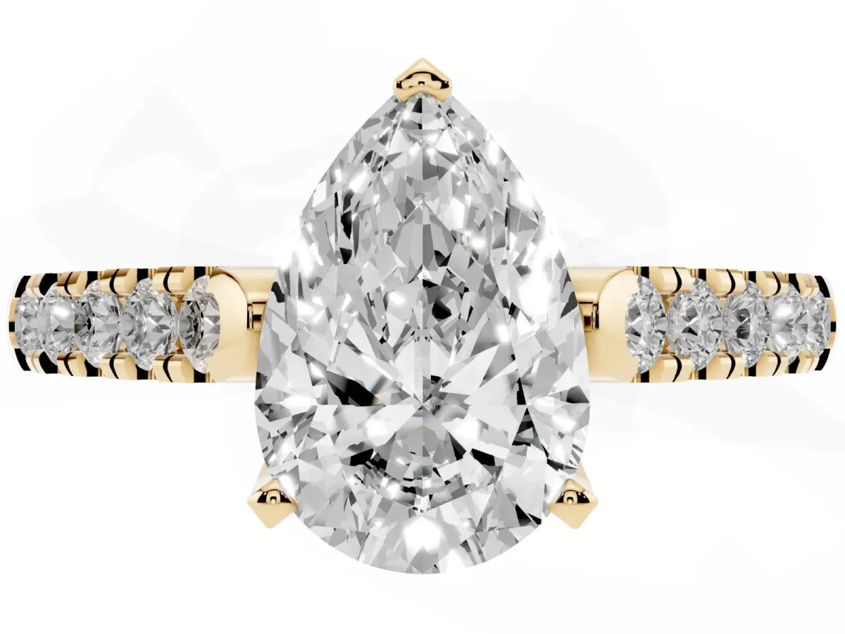 Pear Cut Diamond Pavé Band Solitaire Ring with Prong Setting Yellow gold