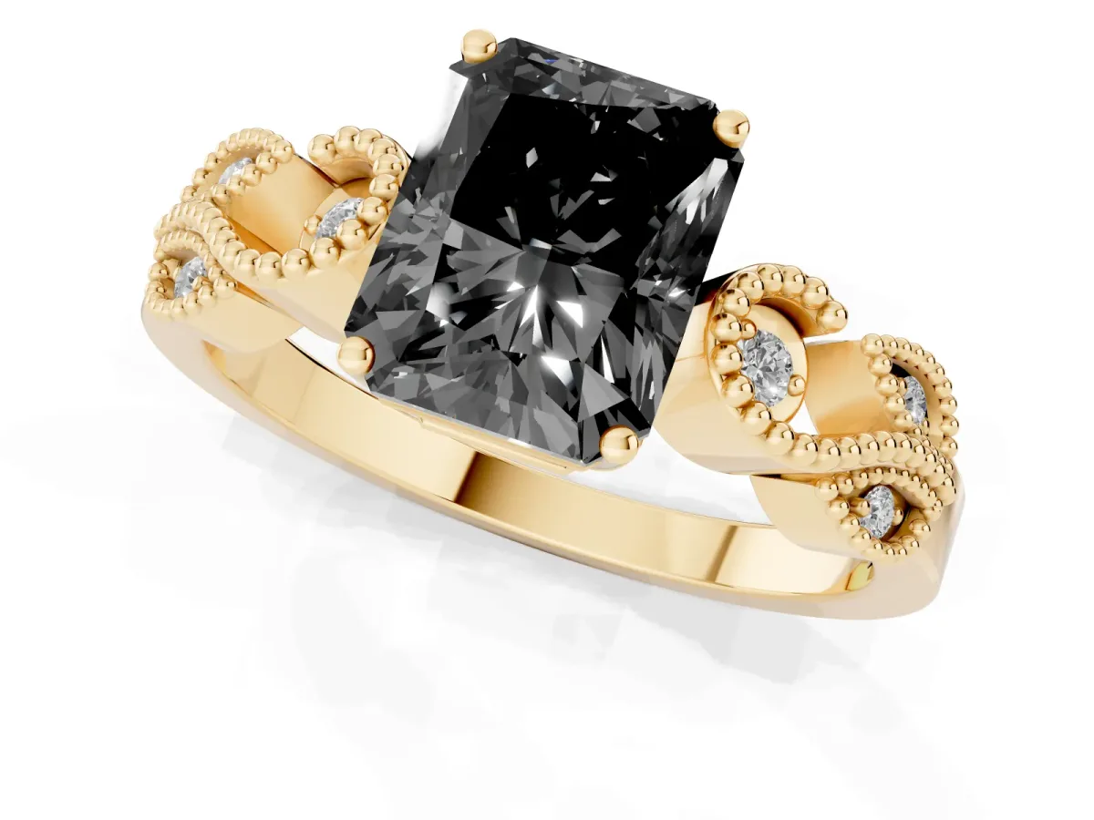 Fancy Black Princess Cut Solitaire Milgrain Leaf Band with Prong Setting Yellow gold