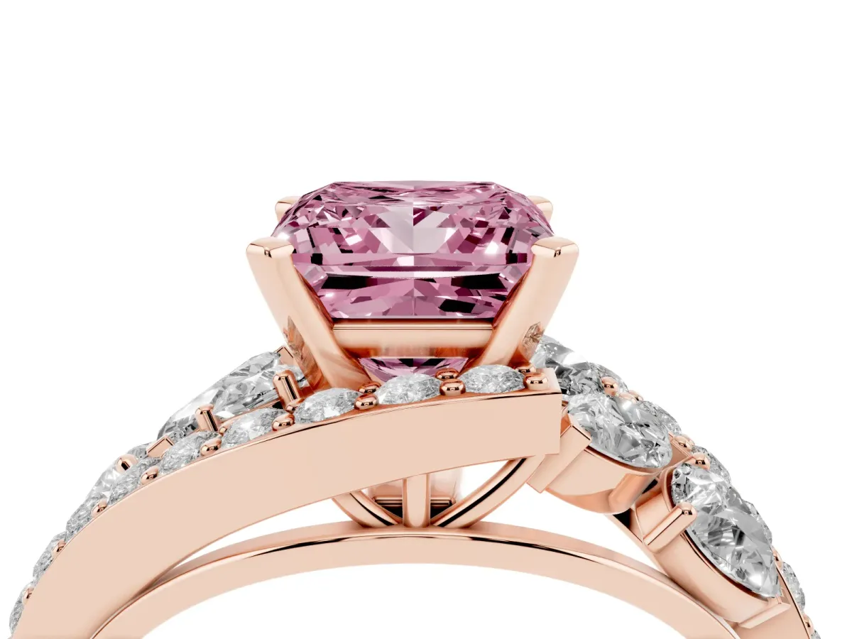 Fancy Pink Princess Cut Diamond Halo Ring with Marquise and Pavé Band in Prong Setting Rose gold
