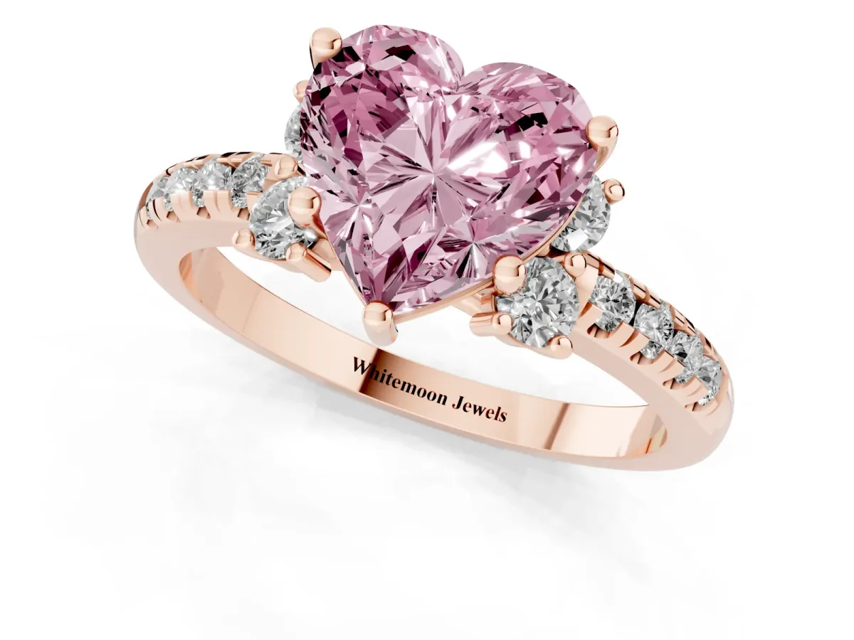 Fancy Pink Heart Cut Diamond Three-Stone Pave Band with Four-Prong Setting Rose gold