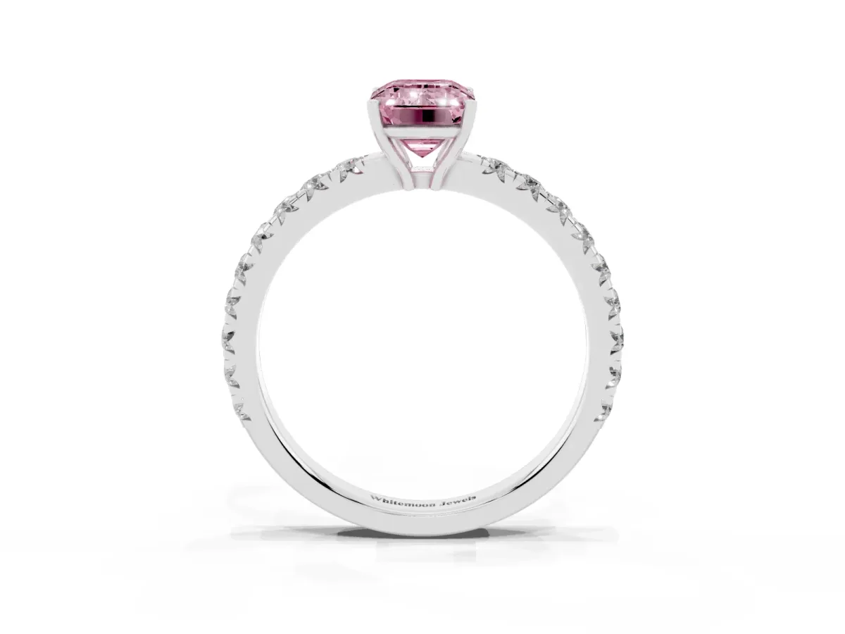 Fancy Pink Emerald Cut Diamond Pavé Solitaire Engagement Ring with Four-Prong Setting Silver