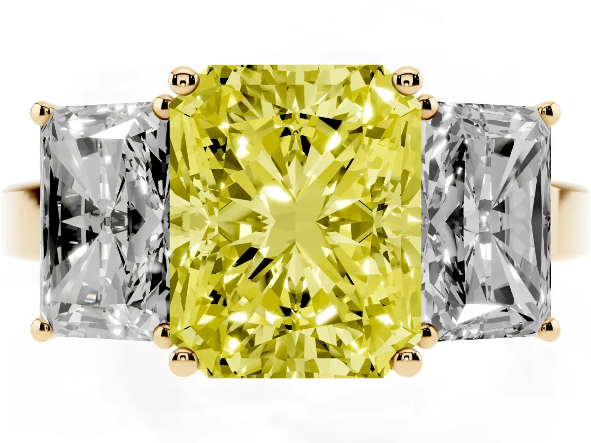 Fancy Yellow Three-Stone Radiant Cut Cut Diamond Engagement Ring with Flat Band and Four-Prong Setting Yellow gold
