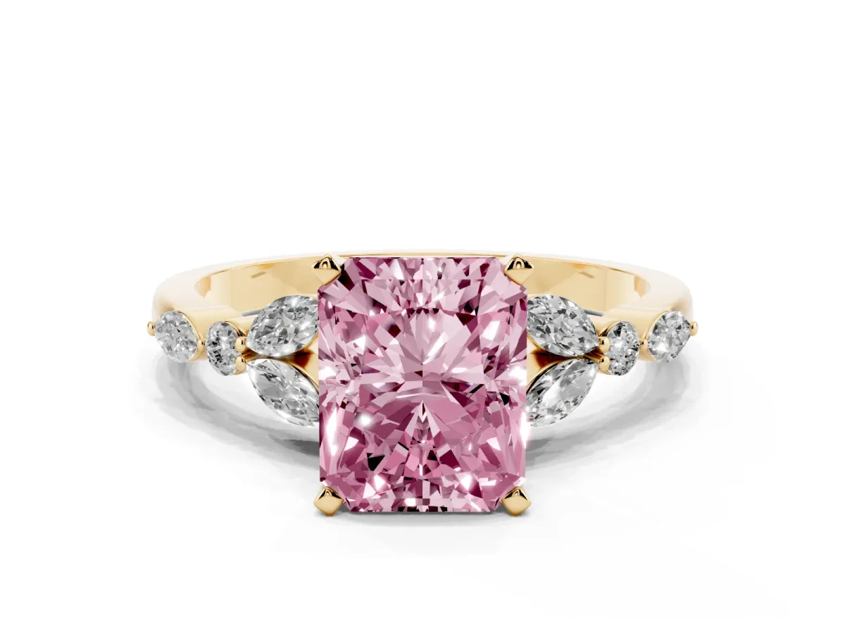 Fancy Pink Radiant Cut Diamond Solitaire Ring with Side Stones and Four-Prong Setting Yellow gold
