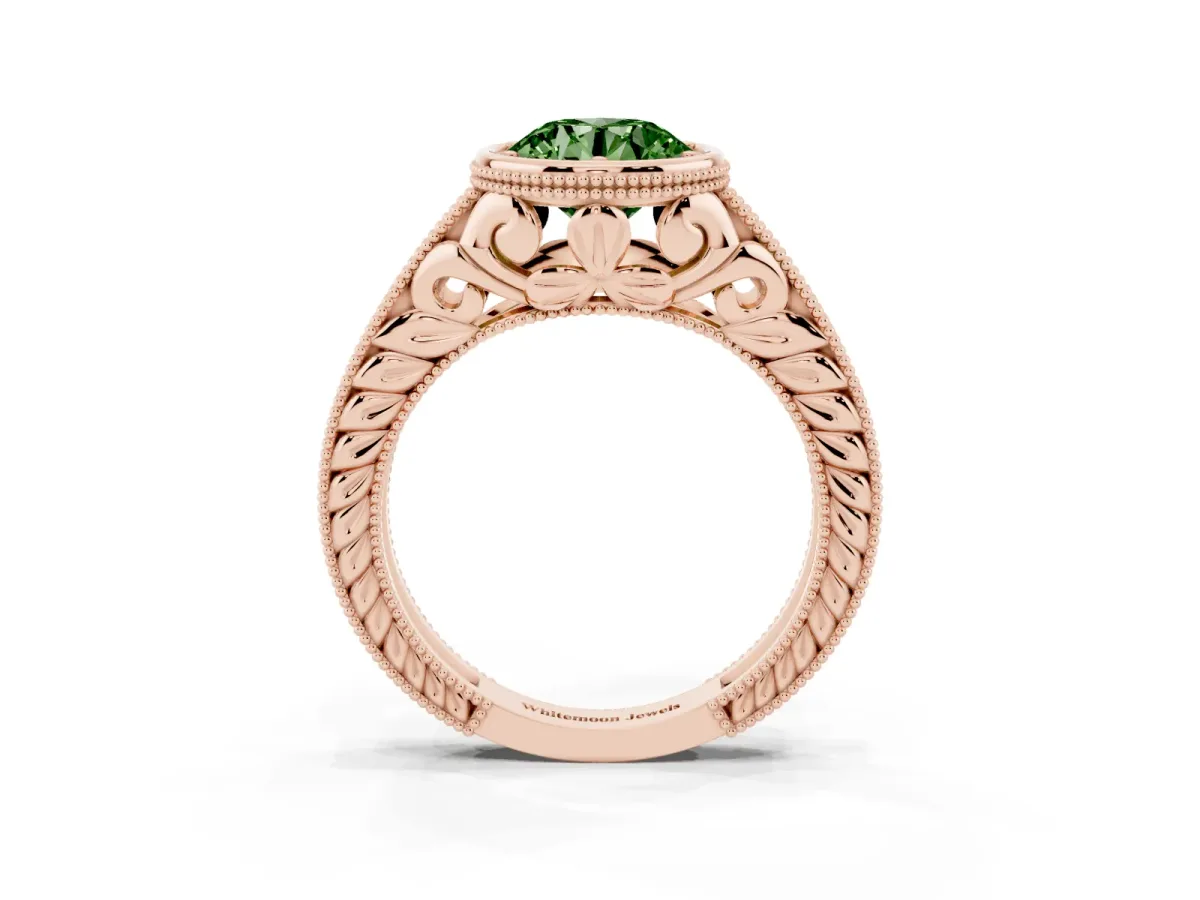 Fancy Green Bezel Set Round Cut Diamond Milgrain Pave Engagement Ring Rose gold