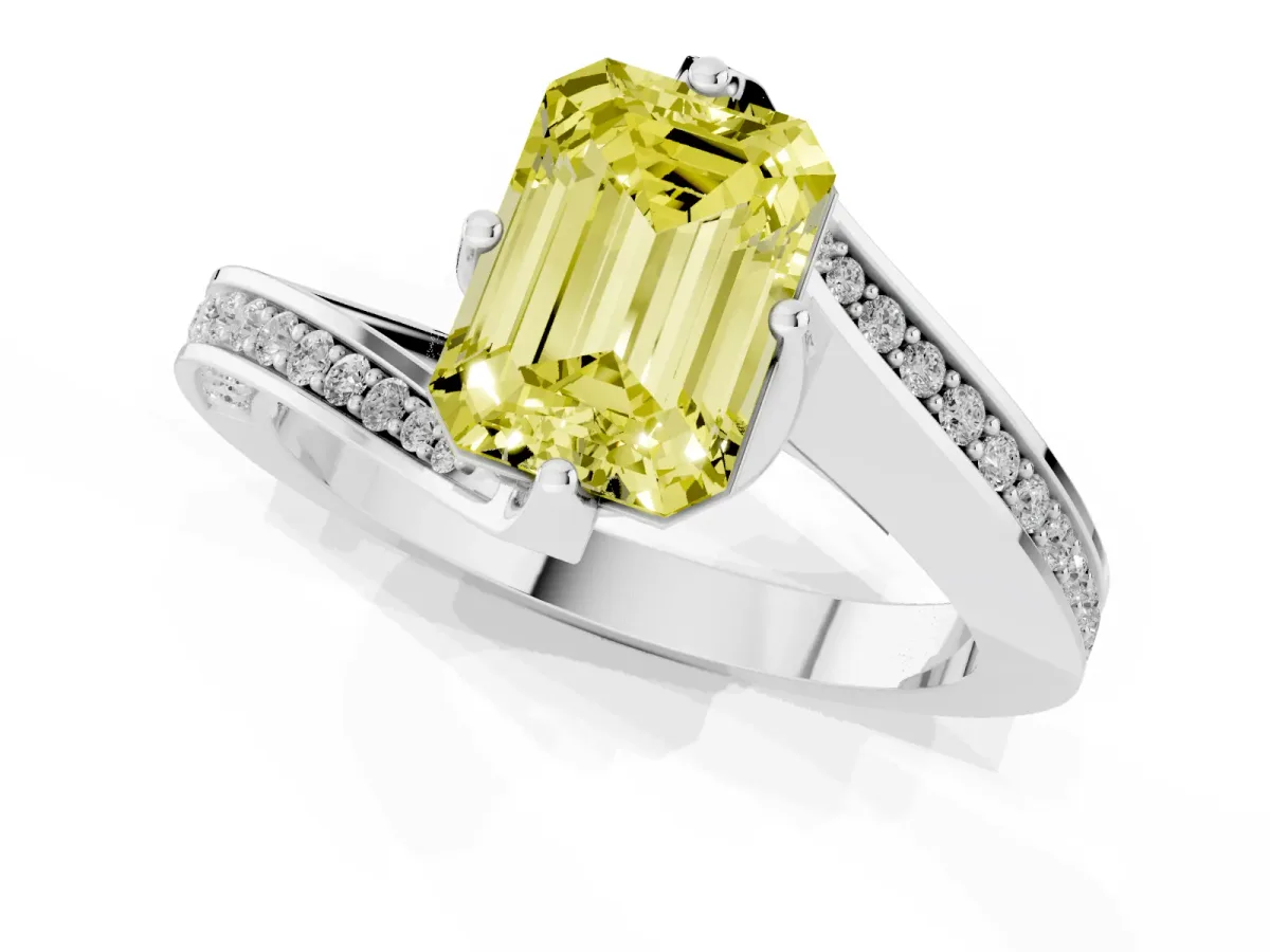 Fancy Yellow Emerald Cut Solitaire Diamond Twist Band with Pavé Setting and Four-Prong Setting Silver