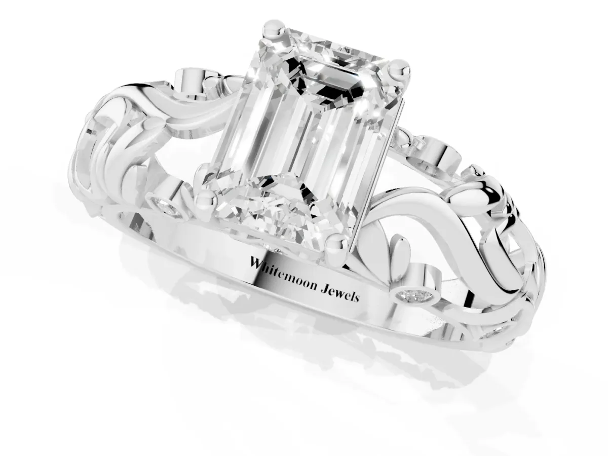 Emerald Cut Solitaire Diamond Leaf-Inspired Vine Band Ring with Prong Setting Platinum