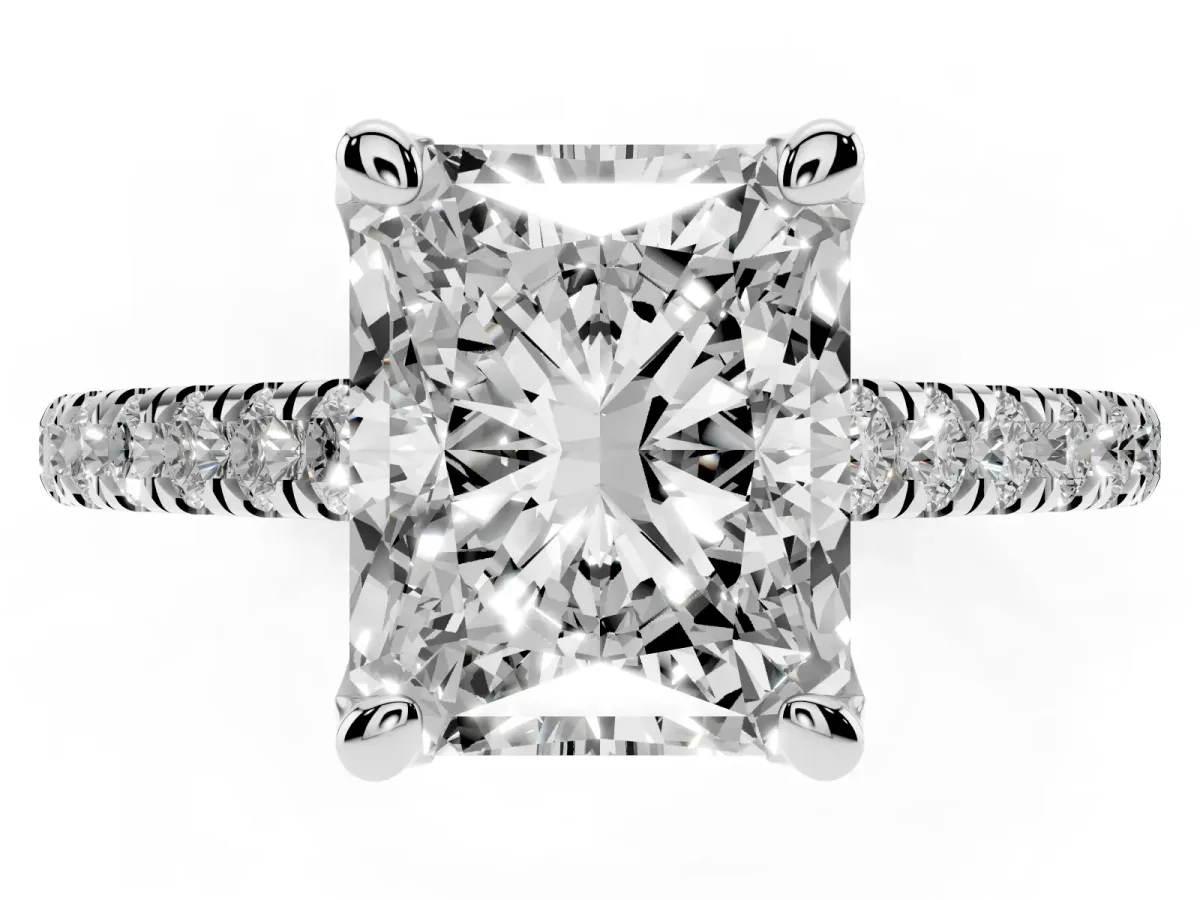 Radiant Cut Brilliant Diamond Solitaire with Pavé Band and Four-Prong Setting White gold