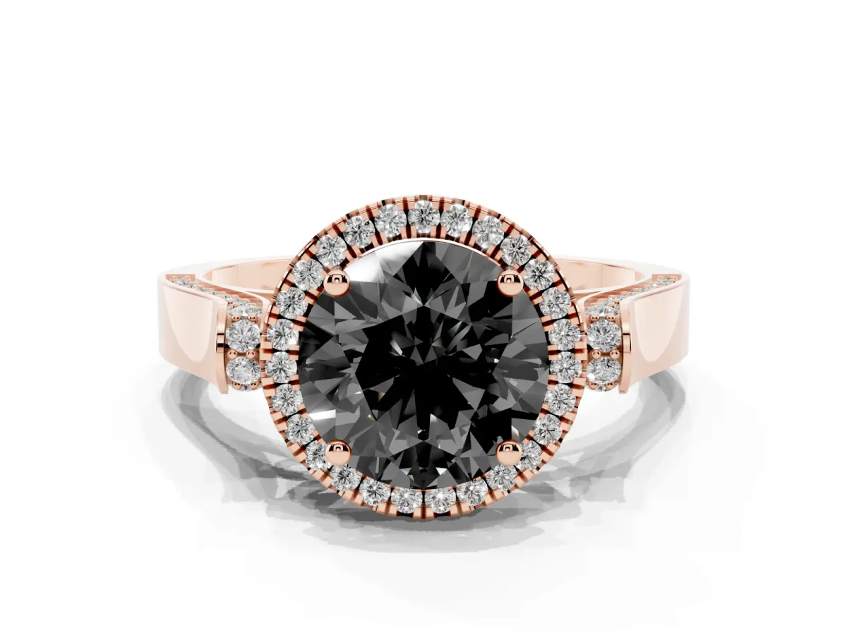 Fancy Black Round Cut Halo Round Diamond Twist Band with Four-Prong Setting Rose gold