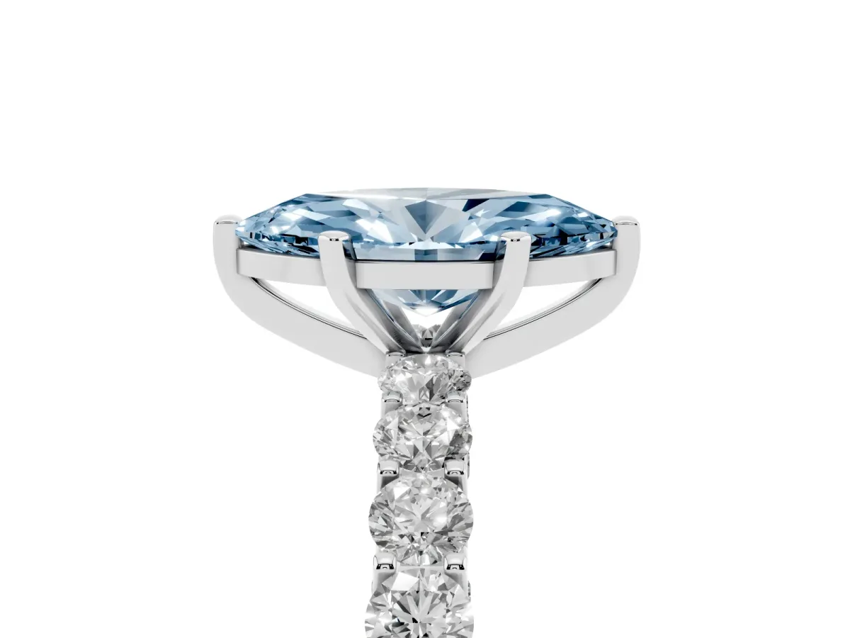 Fancy Blue Marquise Cut Diamond Solitaire Ring with Shared Prong Pavé Band and Four-Prong Setting Silver