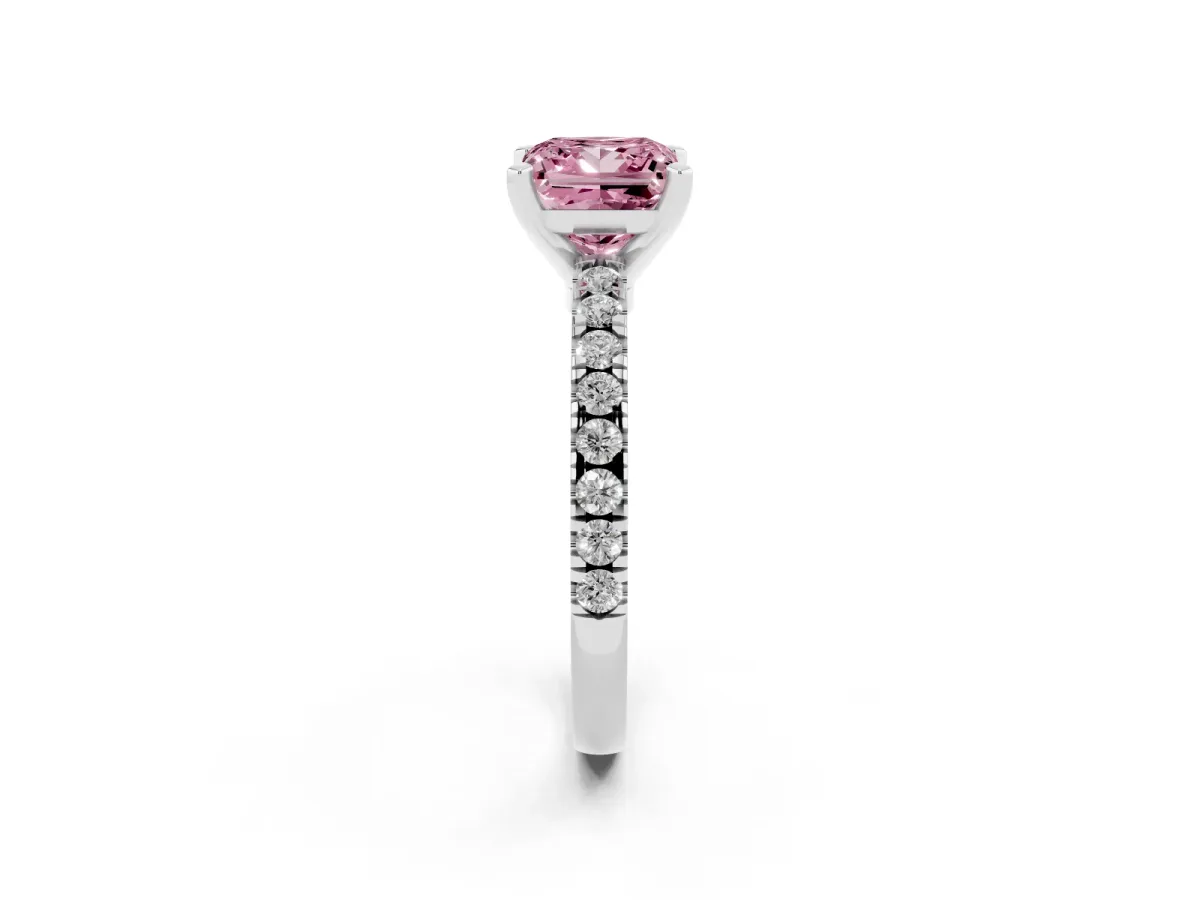 Fancy Pink Princess Cut Solitaire Diamond with Pavé Band and Four-Prong Setting Silver
