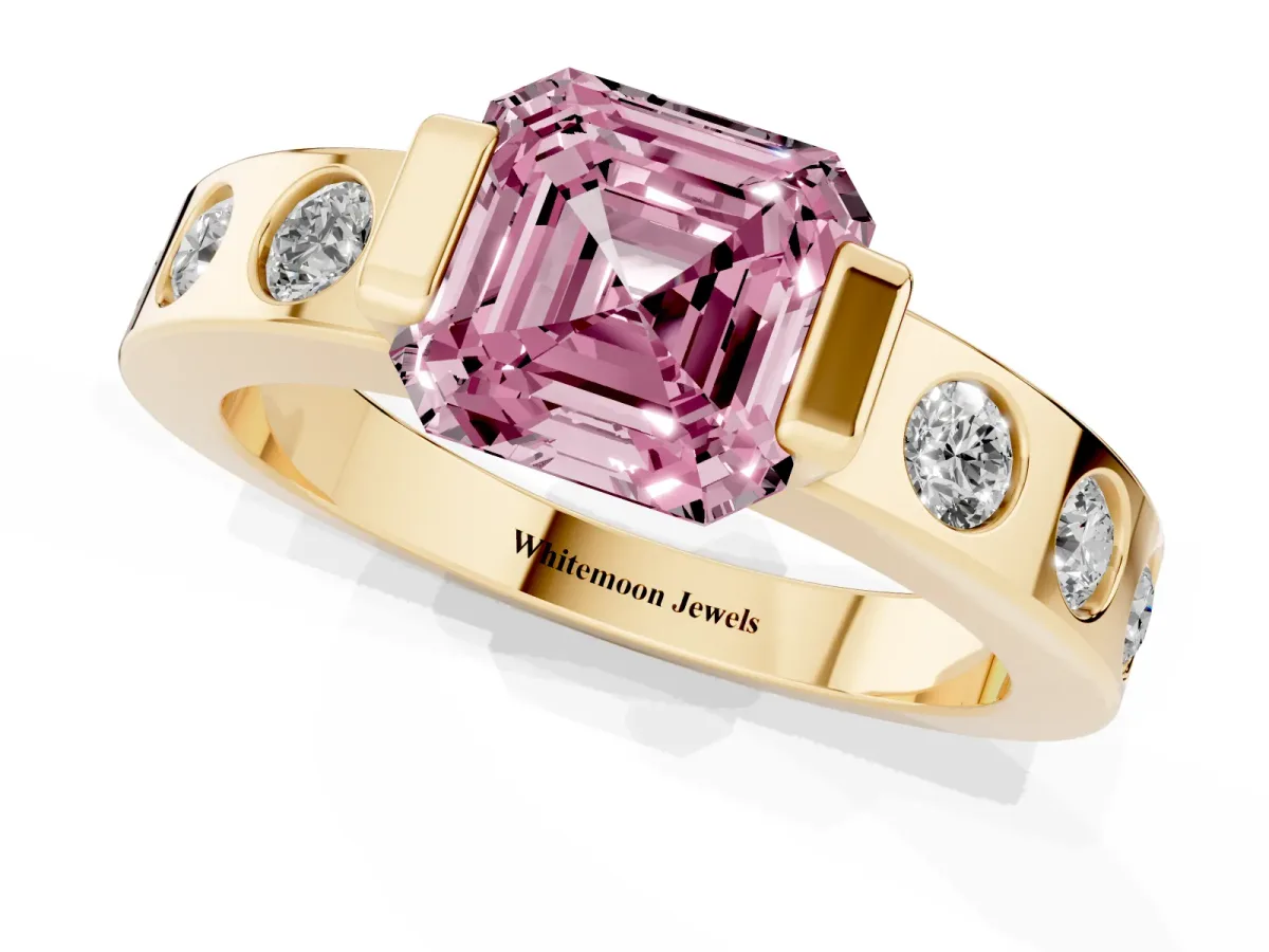 Fancy Pink Asscher Cut Brilliant Channel-Set Diamond Ring with Bezel Prong Setting Yellow gold