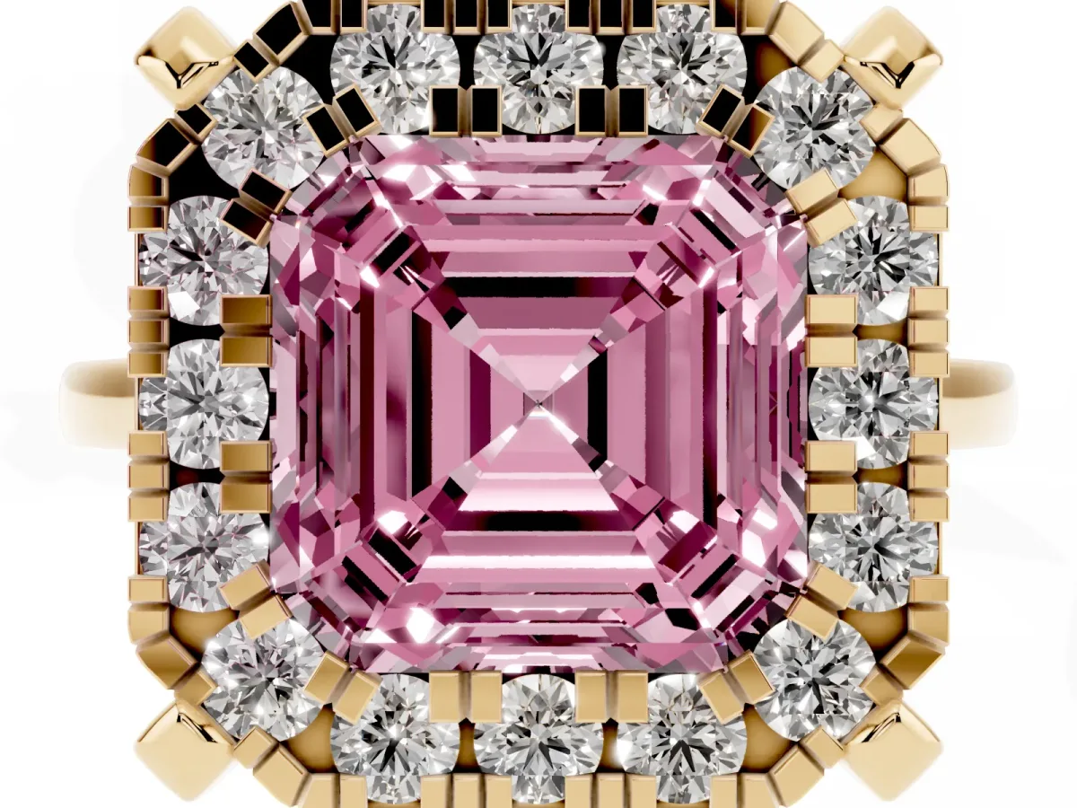 Fancy Pink Asscher Cut Diamond Cluster Halo Solitaire with Four-Prong Setting Yellow gold