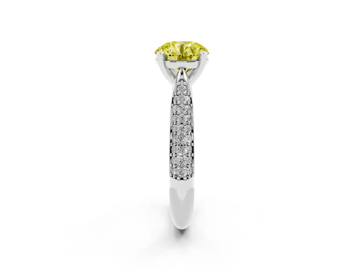 Fancy Yellow Round Cut Diamond Solitaire Engagement Ring with Multi-Row Round Pavé Band and Prong Setting White gold